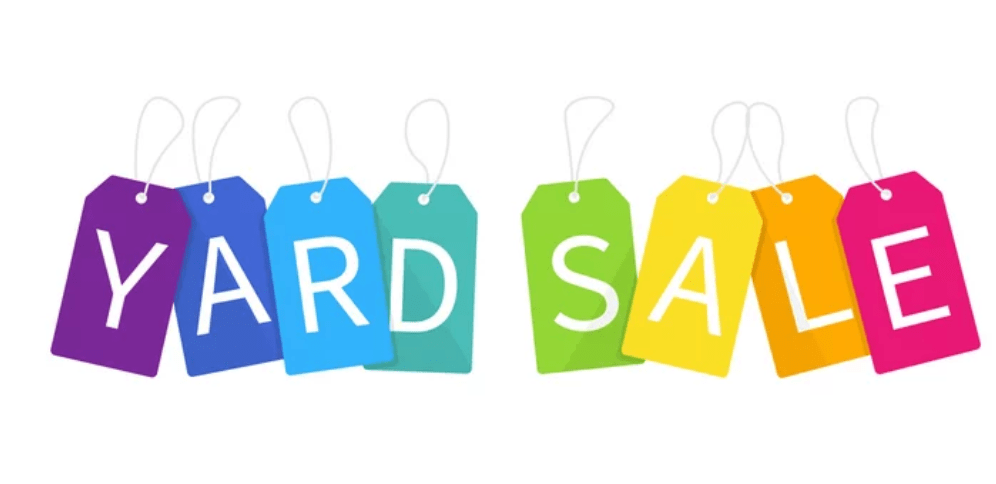 cartoon price tags in different colors, each tag has a letter and together the 8 tags spell "yard sale"